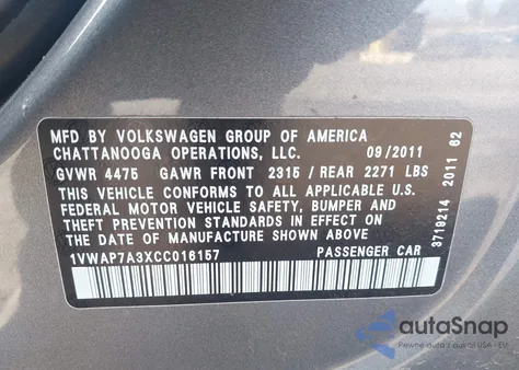 2012 Volkswagen Passat 2.5L S из США, поврежденный, VIN 1VWAP7A3XCC016157